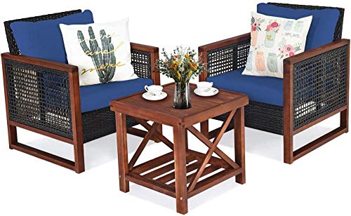 YRRA 3 Pezzi Patio mobili in Vimini Set di sofà all'aperto in Rattan Set W/Cuscino Lavabile e tavolino da caffè Acacia Conversazione con Conversazione Bistro Set per Giardino (Beige)-Blu