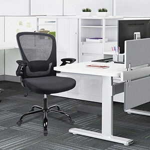 Komene - Sedia da ufficio ergonomica per casa, ufficio, in rete, con braccioli ribaltabili, supporto lombare, grande seduta, sedia da scrivania con ruote, 136 kg, schienale centrale (Nero)