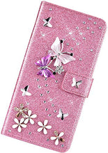 Robinsoni Custodia Compatibile con Huawei Y7 2018 Cover Sparkle Bling Diamante e Farfalla Pelle PU Portafoglio Libretto Magnetica Cover Brillante Fiore Libro Folio Flip Cover Silicone Cover Rosa