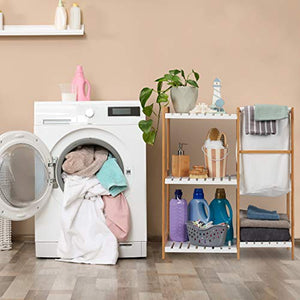 Relaxdays Scaffale Bagno Cesto Portabiancheria, Autoportante, Mobiletto Bambù & Legno MDF, 76x65,5x33 cm,naturale/bianco