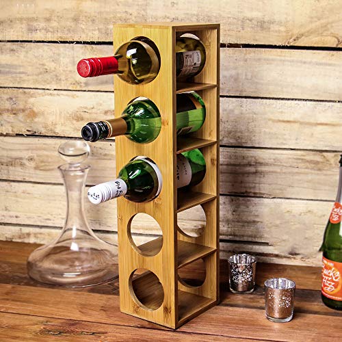 Maison & White Cremagliera del vino di bambù | Supporto a muro per 5 bottiglie | Cabinet in legno preassemblato per scaffali per vino | Design modulare impilabile