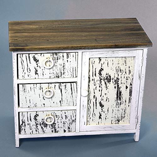 GeKi Trend Chabby Chic - Cassettiera in legno, stile vintage, 3 cassetti, 1 anta, colore: bianco anticato, marrone, decorazione per la camera da letto, 59 x 50 cm