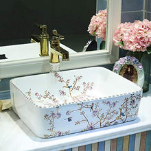 Jgophu Lavandino rotondo in ceramica, lavabo da appoggio in ceramica artificiale con fiori e uccelli.