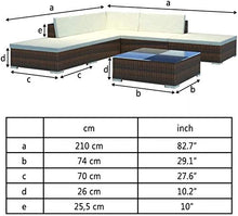 Set di mobili da giardino e terrazza, 2 divani ad angolo, 1 divano centrale, 1 divano singolo, 1 ottomana + 1 tavolino centrale, 5 cuscini seduta + 6 cuscini per schienale.