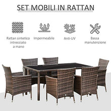 Outsunny Set Mobili da Esterno con 1 Tavolo e 6 Sedie da Giardino con Cuscini, Rattan PE e Metallo Zincato, Marrone