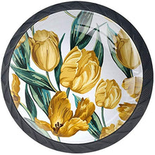 Tulip Flower Pattern Hand Paint gialla Pomelli per Porta Set di 4 Pomelli per Mobili Manopole per Cassetti Cucina Armadio Vetro