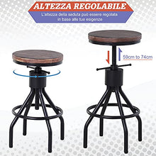 homcom Sgabello Stile Industriale per Cucina/Bar in Metallo, Seduta Legno di Pino con Altezza Regolabile, 40x40x59-77cm
