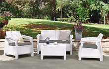 Keter Corfu Lounge Set Mobili da Esterno in Rattan con Divano 2 Posti 2 Poltrone e Tavolino, Bianco, 50X168X75 Cm