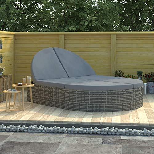 Tidyard Lettino Prendisole 2 Posti con Cuscini in Polyrattan Grigio, Lettini da Giardino, Sedie a Sdraio da Giardino, Lettino da Esterno 198 x 138 x 28 cm