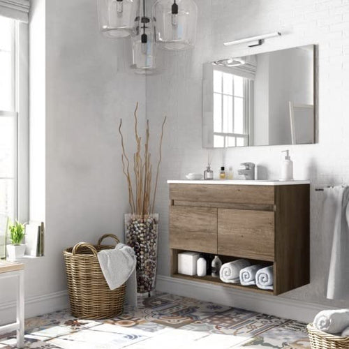 Salone Negozio Online Kit Mobile Bagno Dakota 2 Ante cm.80x45x64h Rovere con Lavabo e Specchio Inclusi