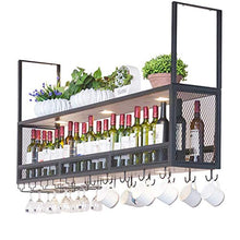N/Z Home Furnishings Hanging Ceiling Mounted Wine Rack Wooden | Metal Wine Bottle Holder with Spotlights | Suspended Wine Glass Holder | Wine Holder Home Kitchen Decor (Black)