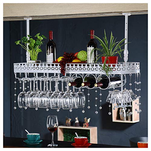 Portabottiglie sospeso Portabottiglie appendere con supporto vetro, supporto bottiglia vino parete industriale regolabile metallo a soffitto, mensola vino per cucina / bar / armadi, bianco Portabott
