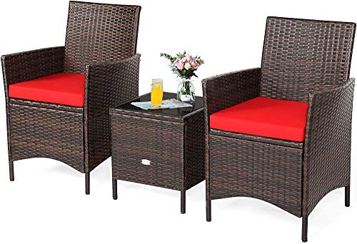 YRRA 3-Piece Patio Conversation Set Sedie di Vimini con Vetro Top Quadrato Tavolino da caffè e Cuscini da caffè all-Weather Set Rattan Esterno Set (Red)-Rosso