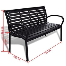 SHENGFENG Panca da giardino nera, acciaio + WPC, panchina per sedersi, panchina esterna 125 x 60,5 x 80,5 cm
