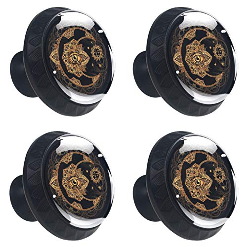 Set di 4 maniglie rotonde per armadio da cucina, credenza, cassettiera, cassettiera, con viti, per cucina, comò, armadio, bagno, armadio, stile indiano, stile vintage, luna sole