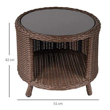 Outsunny Tavolino da Giardino Rotondo con Vano Portaoggetti in Rattan PE e Ripiano in Vetro, 51x51x42cm Marrone