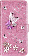 Robinsoni Custodia Compatibile con Huawei Y7 2018 Cover Sparkle Bling Diamante e Farfalla Pelle PU Portafoglio Libretto Magnetica Cover Brillante Fiore Libro Folio Flip Cover Silicone Cover Rosa
