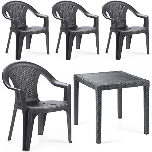 Tomaino Set Tavolo e sedie da Giardino in plastica Simil Rattan antarcite