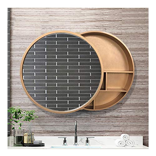 ZTGL Armadietto da Bagno con Specchio per Montaggio a Parete, Mobiletto con Porta Scorrevole, Armadietto per Medicinali Rotondo in Legno,D'oro,60cm