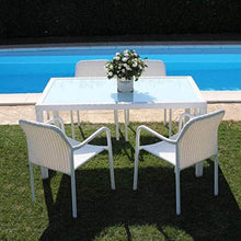 Milani Home s.r.l.s. Set Tavolo Giardino 150 X 90 con 4 Poltrone Piano in Vetro Intreccio in Rattan Sintetico Bianco per Esterno