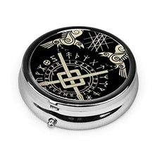 Portapillole a 3 scomparti per Odin's Raven Huginn e Muninn scandinavo Rune Tattoo Luxury Kit da viaggio in metallo rotondo argento pulsante pillola dispenser vitamine olio di pesce integratori