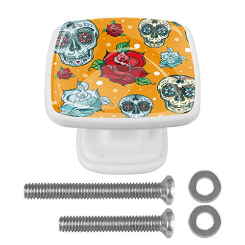 Set di 4 maniglie rotonde per armadio da cucina, credenza, cassettiera, cassettiera, con viti, per cucina, comò, armadietto, bagno, guardaroba, testa di teschio, fiori di rosa