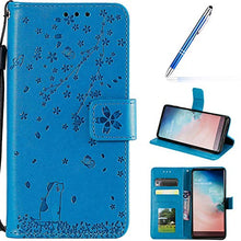 Robinsoni Cover Compatibile con Samsung Galaxy J3 2016 Case Scintillare Glitters Lucido PortaLibro Custodia Retro 3D Ciliegia & Gatto Stampato Pelle PU Libretto Cover Flip Farfalla Caso, Blu