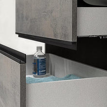 Mobile bagno sospeso 90/110 cm, cassetti e ante con chiusura rallentata, completo di specchio e lavabo in ceramioa (Effetto Pietra Oxid, Mobile 90 con lavabo e specchio)
