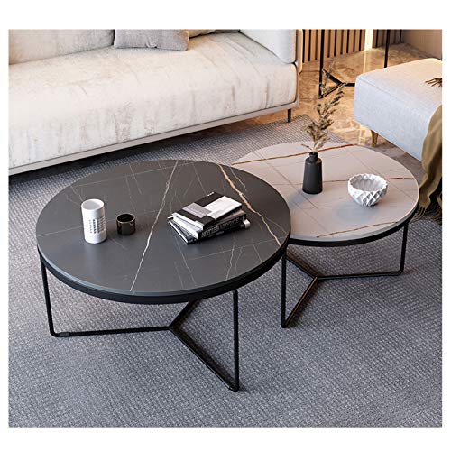Amrai Tavolino Rotondo Tavolo da caffè Nesting Divano Tavolo per Soggiorno, Set di 2 Piani in Pietra sinterizzata e Gambe in Metallo Robusto Industriale Naturale fine Tavolo