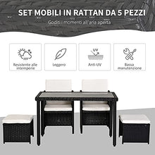 Outsunny Set Mobili da Giardino Rattan 5 Pezzi Tavolo 2 Sedie 2 Poggiapiedi con Cuscini Combinabili a Rettangolo