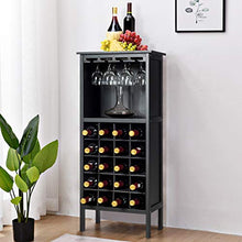 Goplus Cantinetta Scaffale Portabottiglie di Vino con Porta Calici per 28 Bottiglie e 12 Calici, in Legno di Pino Resistente all’umidità,96x25x42cm (Nero)
