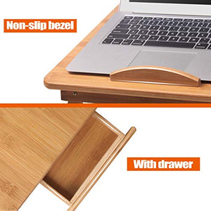 GOTOTOP Tavolino Porta Laptop in bambù Pieghevole, Tavolino da Letto con Cassettino Portaoggetti, Vassoio per PC Notebook da Letto Computer Portatile, Tavolino d'Appoggio Inclinabile, 50x30x20cm