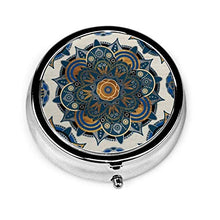 Scatola rotonda per medicina portatile, mini pillole in metallo, dispenser per pillole, borsa da tasca, regalo da viaggio, mandala blu e oro