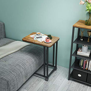 Meerveil Tavolino da divano, Tavolino Laterale da Letto con Ruote, Industriale Tavolo Mobile da Caffè con Struttura in Metallo, Tavolino per laptop Carrello porta snack a forma di C, Marrone