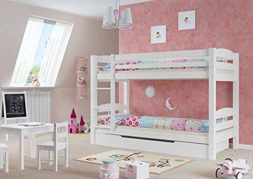 Erst-Holz Letto Castello Bianco 90x200 per Bambini con doghe rigide materassi e cassettone 60.10-09WMS1