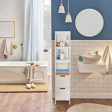 Relaxdays Mobiletto da Bagno, Armadietto a Colonna, 144 x 30 x 30 cm, 2 Cassetti, 3 Scaffali, da Terra, Rustico, Bianco