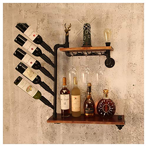 GDD Portabottiglie da Vino Portabottiglie Portabottiglie da Parete, Vino Stile Industriale Portabottiglie Ferro Tubo dell'Acqua Legno Massello Cornice da Parete Sala da Pranzo Bar del Soggiorno