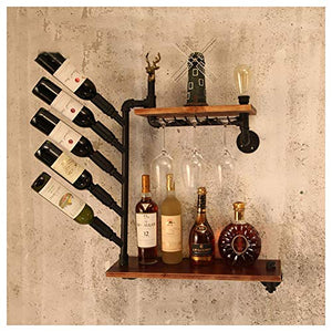 GDD Portabottiglie da Vino Portabottiglie Portabottiglie da Parete, Vino Stile Industriale Portabottiglie Ferro Tubo dell'Acqua Legno Massello Cornice da Parete Sala da Pranzo Bar del Soggiorno