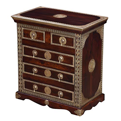 Casa Moro | Cassettone orientale Malek marrone 75x45x80 (LxPxH) in legno massello di sheesham decorato con intarsi in ottone pregiato | Puro artigianato | Tavolo da notte a 5 cassetti | MA80-140