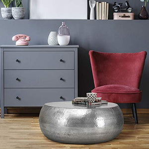 WOMO-DESIGN Tavolino da Caffè Fatto a Mano Forma Rotondo Ø 80 x 30 cm Argento in Alluminio Tavolo per Salotto Tavolinetto da Soggiorno Design Orientale in Metallo Tavolino Moderno da Divano