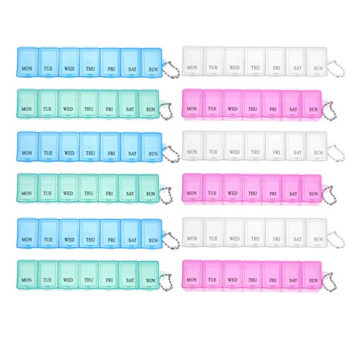 DOITOOL - Contenitore per pillole da viaggio, 12 pezzi, 7 griglie settimanali per pillole, scatola per medicine con catena