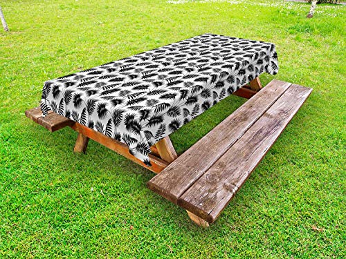 ABAKUHAUS Le Foglie Tovaglia da Esterno, Retro Monochrome Foliage Art, Tovaglia da Picnic Lavabile Decorativa, 145 cm x 265 cm, Charcoal Grey Bianco