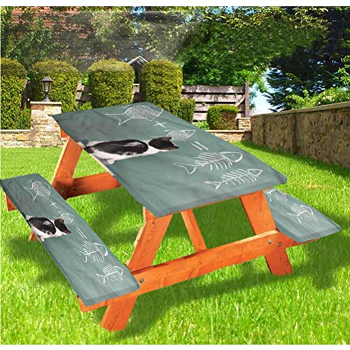 LEWIS FRANKLIN Tenda da doccia per gattini, tavolo da picnic e panchina, tovaglia con bordo elastico per problemi di pesce, 60 x 170 cm, set da 3 pezzi per tavolo pieghevole