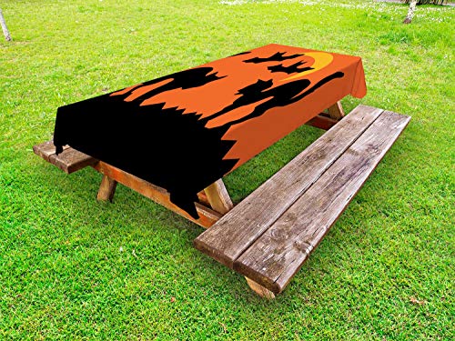 ABAKUHAUS Halloween Tovaglia da Esterno, Crescent Gatti e Pipistrelli, Tovaglia da Picnic Lavabile Decorativa, 145 cm x 305 cm, Terra Giallo Arancione