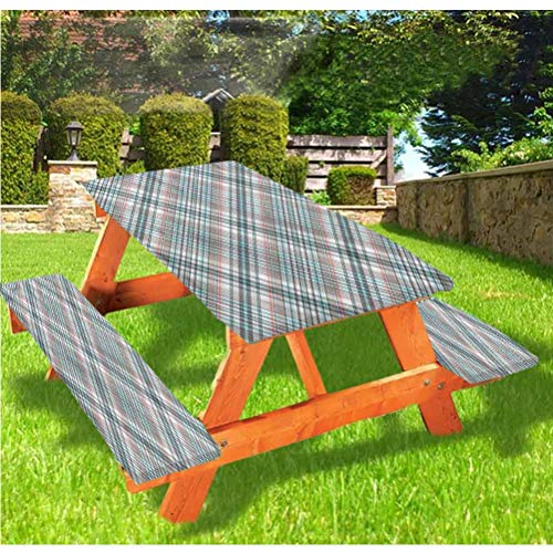 LEWIS FRANKLIN Tenda da doccia a scacchi per tavolo da picnic e panchina, tovaglia con bordo elastico tradizionale, 60,5 x 192 cm, set da 3 pezzi per tavolo pieghevole