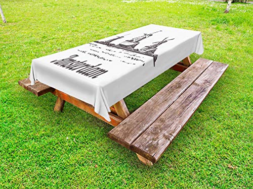 ABAKUHAUS Amsterdam Tovaglia da Esterno, Zaanse Schans mulini a Vento, Tovaglia da Picnic Lavabile Decorativa, 145 cm x 210 cm, Grigio Scuro e Bianco