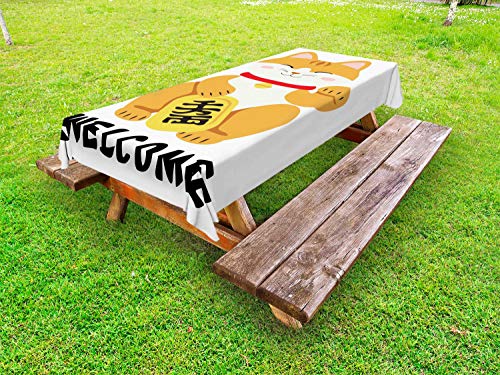 ABAKUHAUS Cat Giapponese Tovaglia da Esterno, Nizza Gatto Doodle, Tovaglia da Picnic Lavabile Decorativa, 145 cm x 265 cm, Albicocca D'Avorio