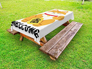 ABAKUHAUS Cat Giapponese Tovaglia da Esterno, Nizza Gatto Doodle, Tovaglia da Picnic Lavabile Decorativa, 145 cm x 265 cm, Albicocca D'Avorio