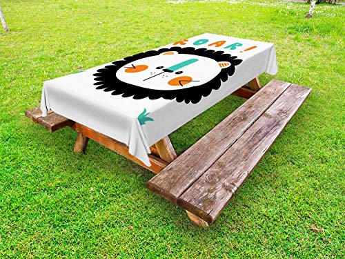 ABAKUHAUS Leone Tovaglia da Esterno, Roar Tipografia Testa e Mane, Tovaglia da Picnic Lavabile Decorativa, 145 cm x 305 cm, Seafoam Grey