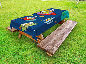 ABAKUHAUS Alieno Tovaglia da Esterno, Capriccioso a Tema Spaziale Design, Tovaglia da Picnic Lavabile Decorativa, 145 cm x 305 cm, Night Blue Multicolor